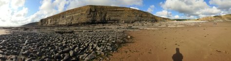 This is a panoramic shot of Southerndown Beach. But who's shadow is that?